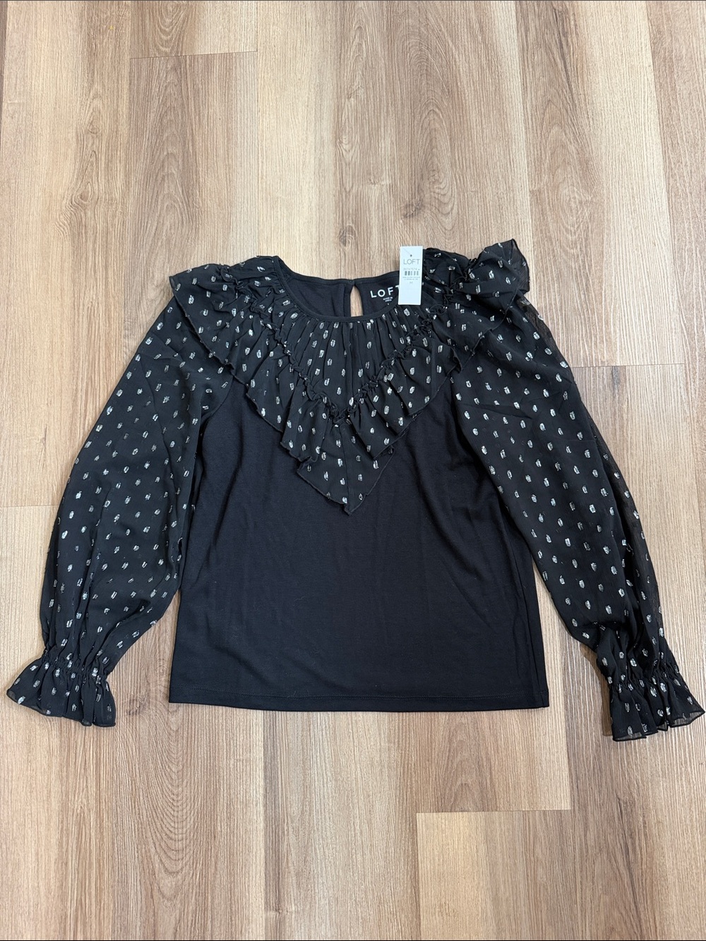 NWT Loft Black Shimmer Dotted Ruffle Collar Sheer Sleeves Metallic Top Medium